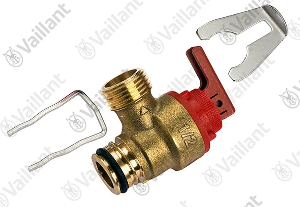 Vaillant Sicherheitsventil aus Messing mit rotem Regler und Sicherungsclip. Das Ventil hat ein Gewindeanschluss und dient sicherheitstechnischen Anwendungen.